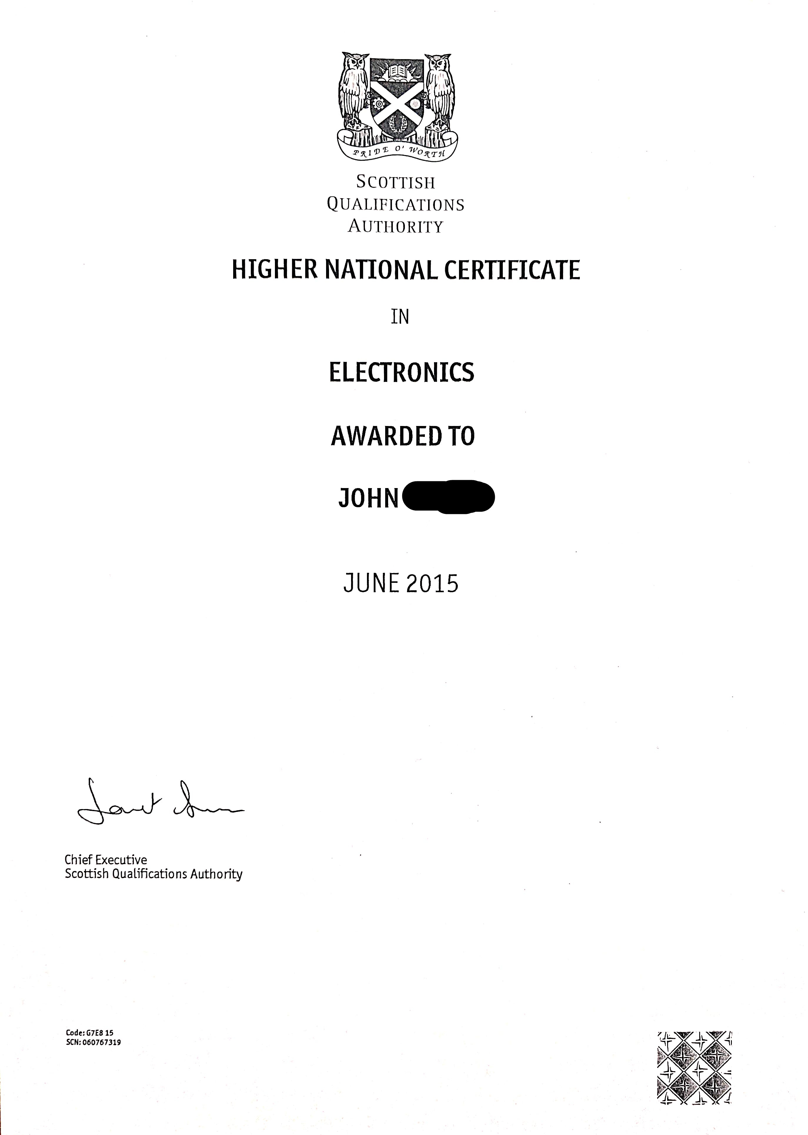 SQA Higher National Certificate in Electronics — John Kerr, ProFix Home Services Glasgow