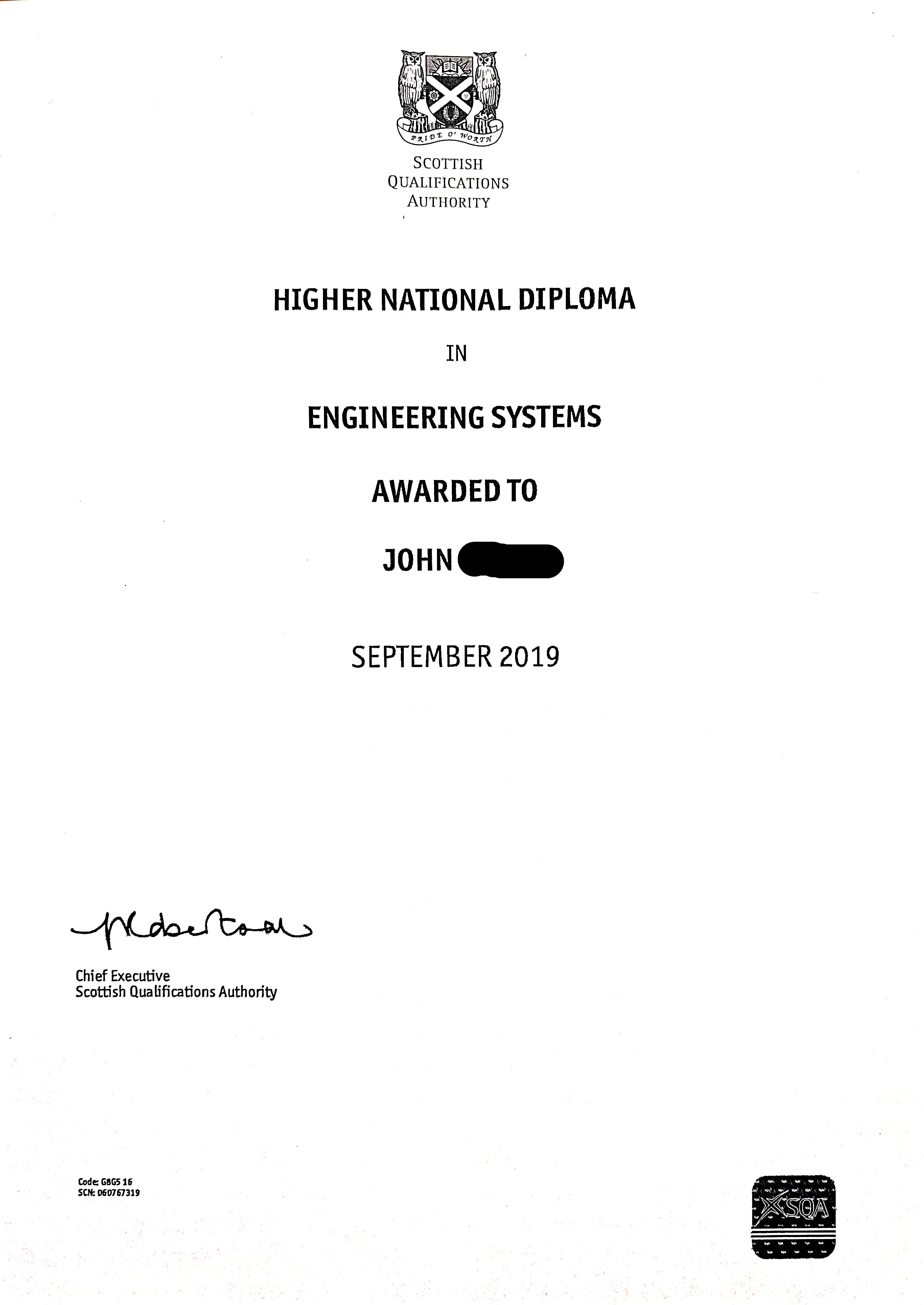 SQA Higher National Diploma in Engineering Systems — John Kerr, ProFix Home Services Glasgow