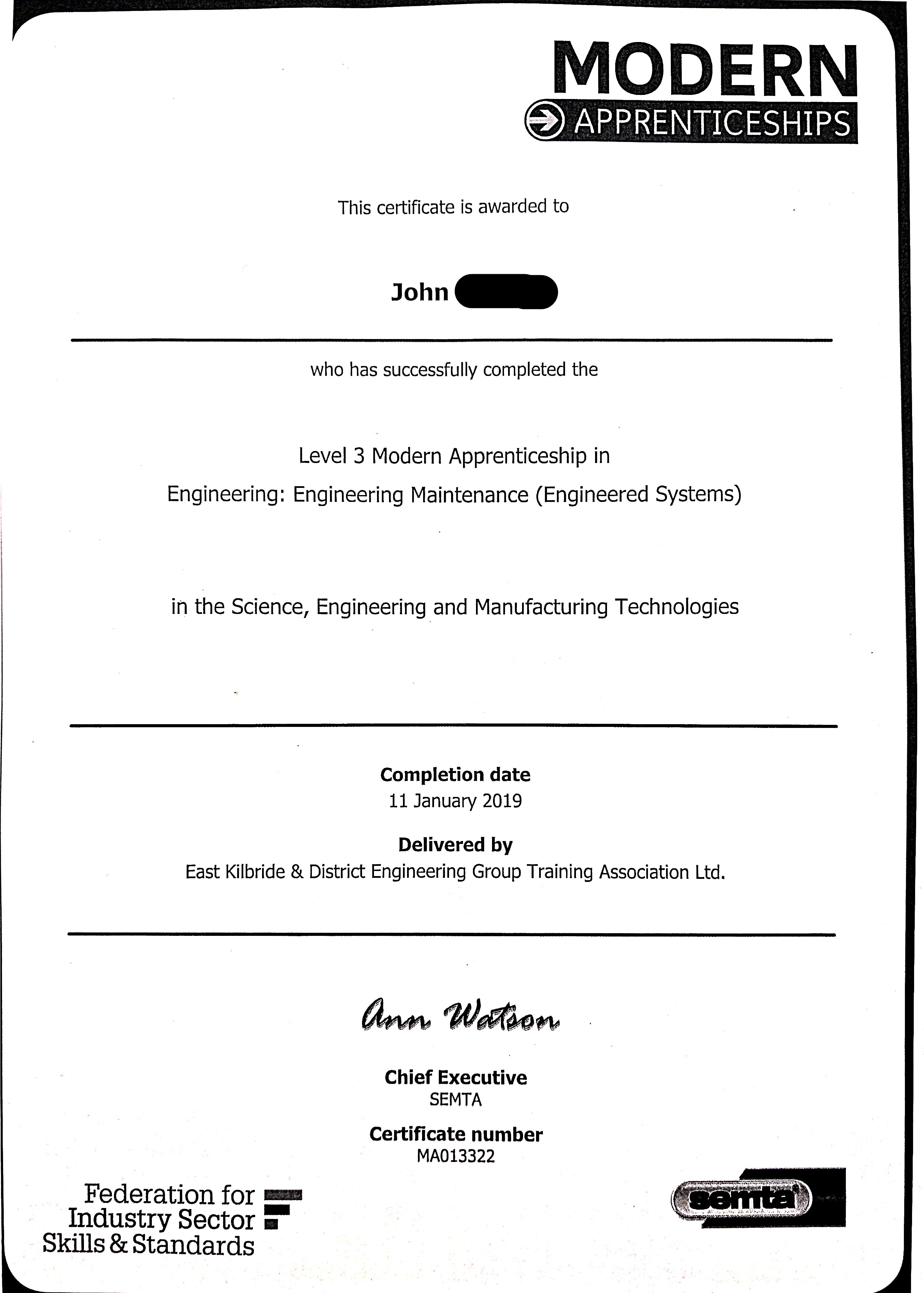 Modern Apprenticeship Level 3 Engineering Maintenance Engineered Systems — John Kerr, ProFix Home Services Glasgow