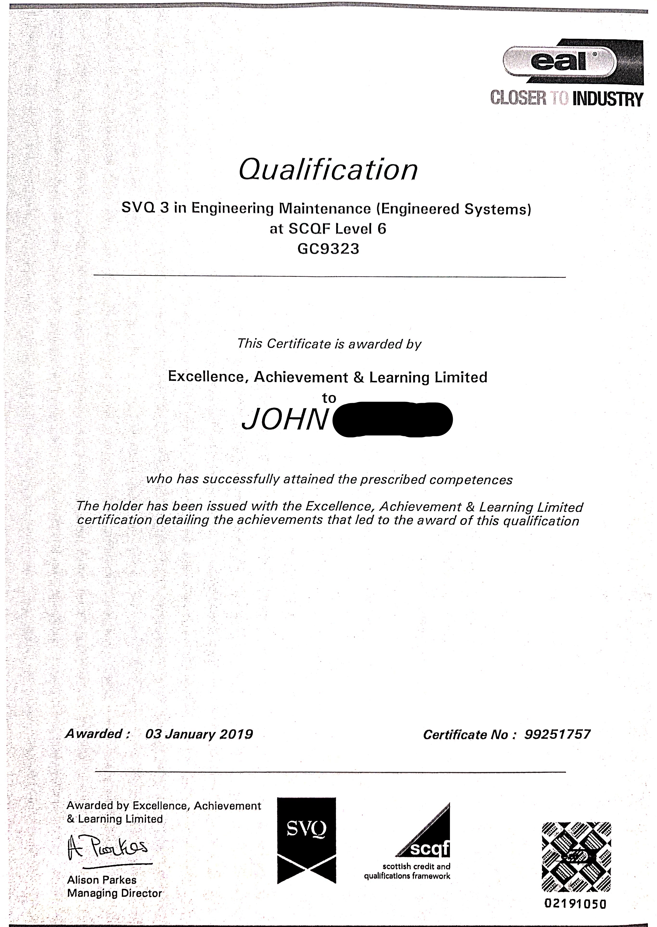 EAL SVQ 3 in Engineering Maintenance Engineered Systems SCQF Level 6 — John Kerr, ProFix Home Services Glasgow