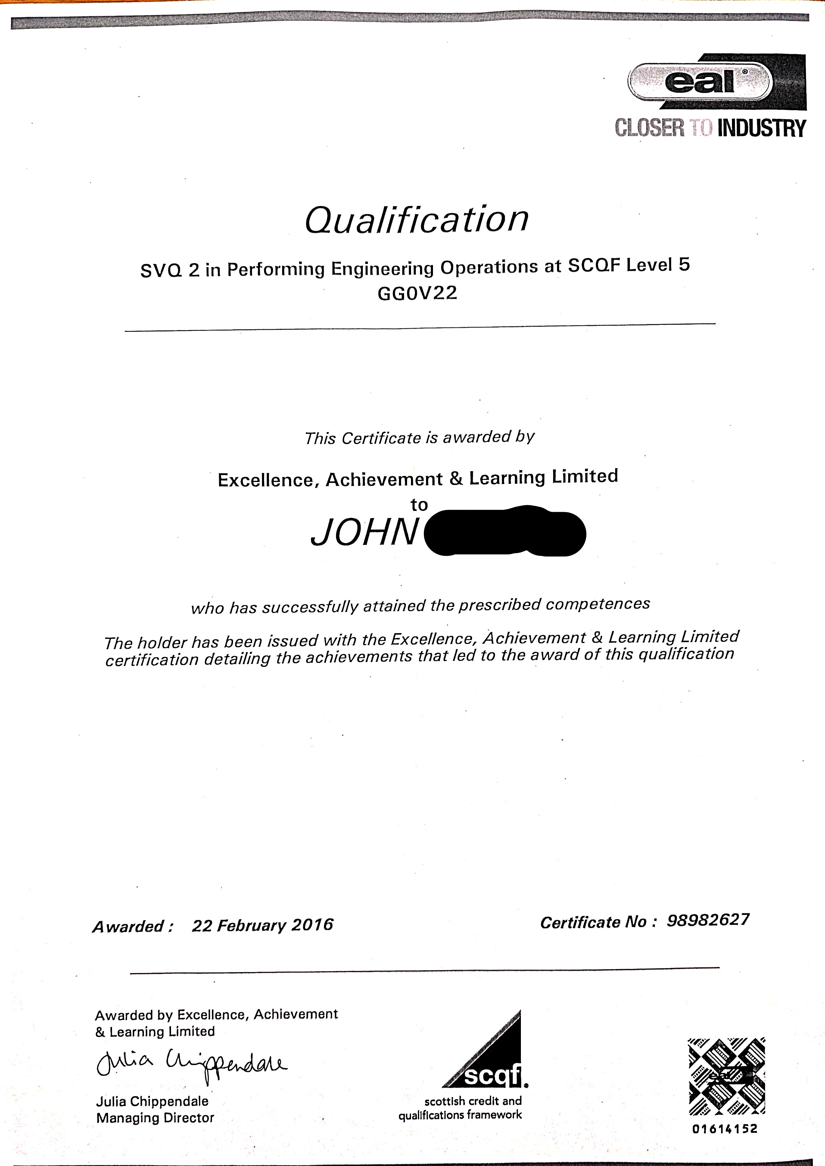 EAL SVQ 2 in Performing Engineering Operations SCQF Level 5 — John Kerr, ProFix Home Services Glasgow