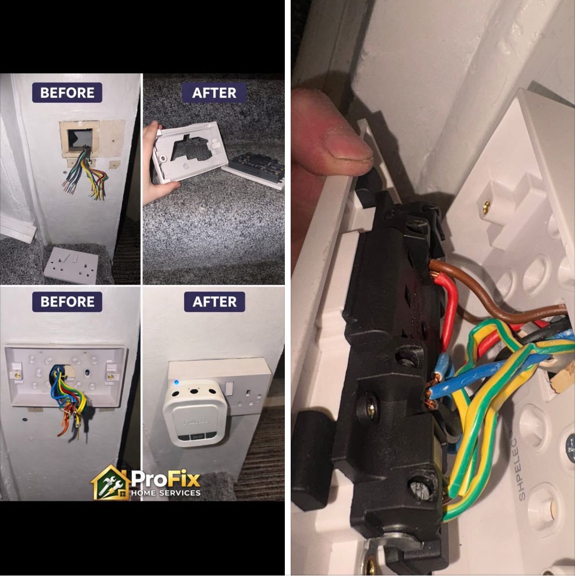 Before and after socket upgrades with smart sockets and consumer unit wiring — ProFix Home Services Glasgow